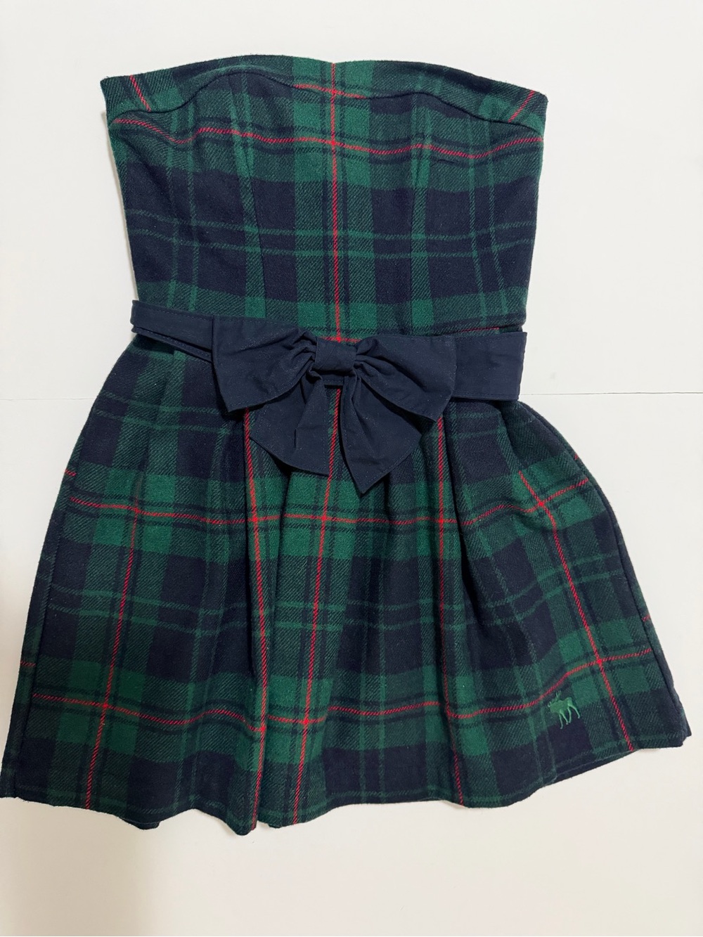 Abercrombie & Fitch Green Navy Plaid Strapless Dress with Navy Bow